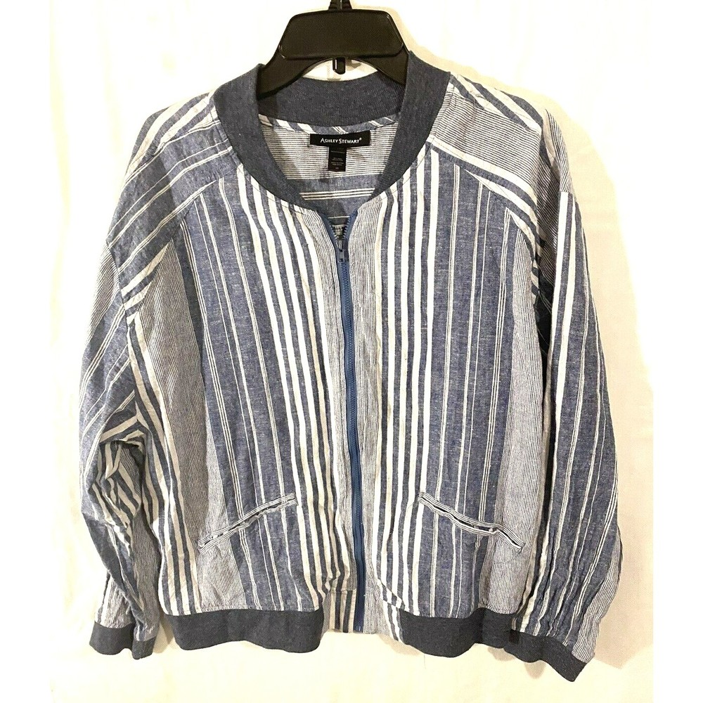 Ashley Stewart Linen Blend Striped Jacket Womens Sz 20 Blue White Zip Front